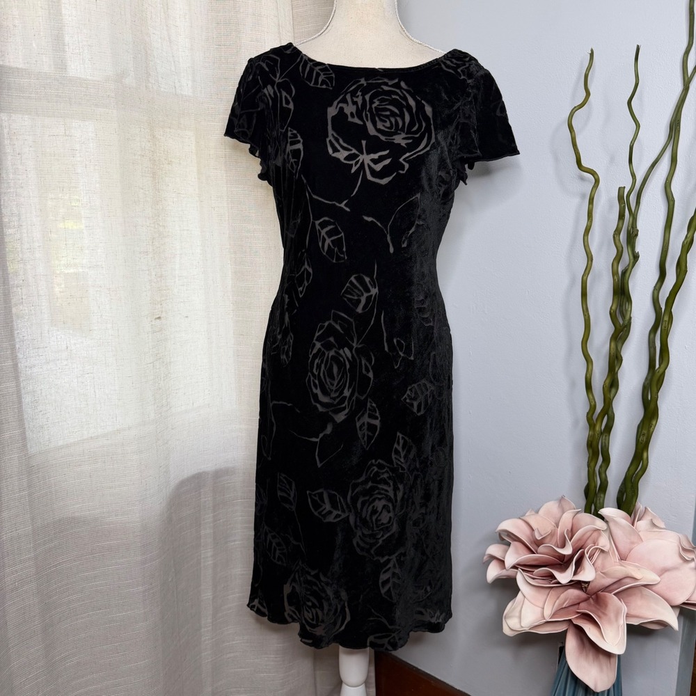 Robbie Bee Black Velvet Floral Burnout Dress Cowl Back Black Midi Women's 8P